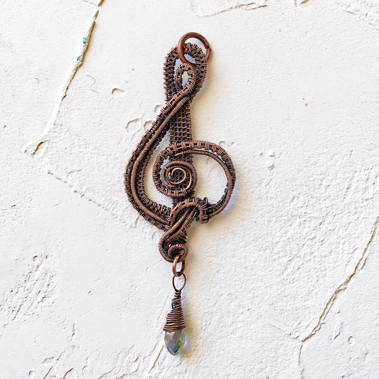 Copper Wire Woven Treble Clef with Crystal Bead
