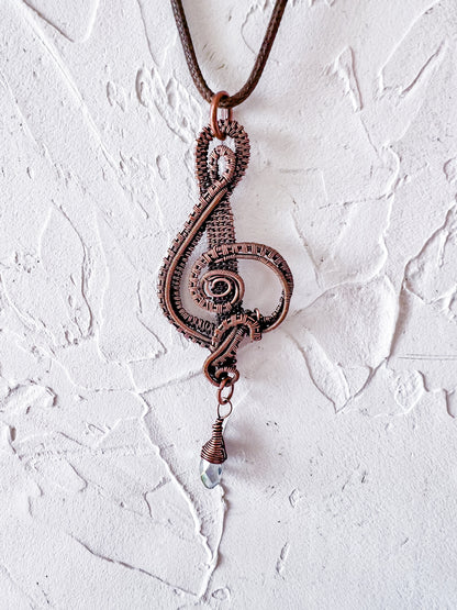 Copper Wire Woven Treble Clef with Crystal Bead