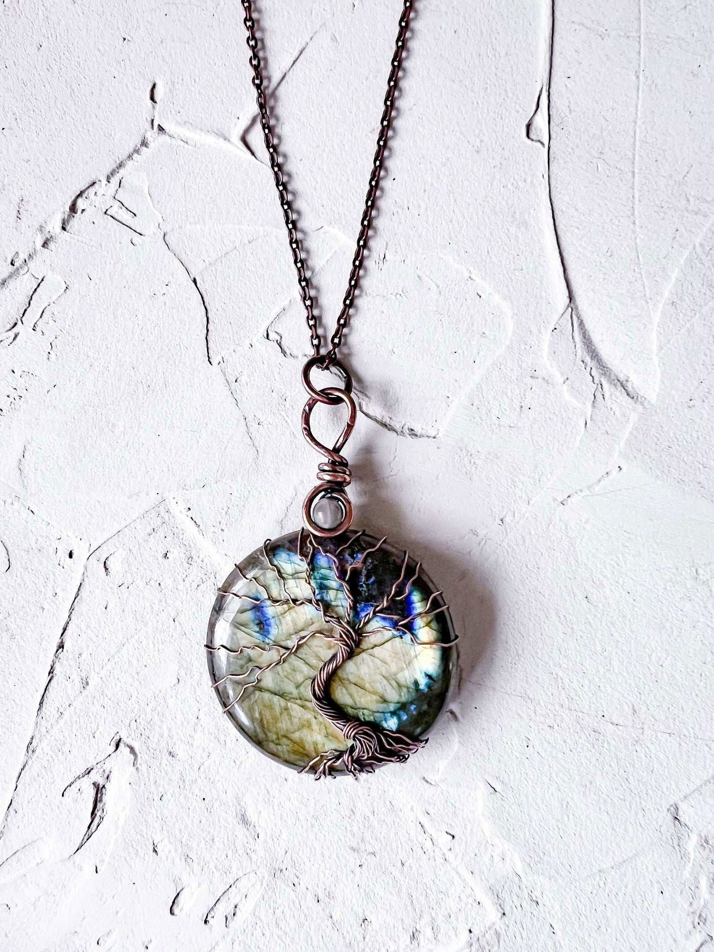 Labradorite and Peach Moonstone Tree of Life Copper Necklace - Copper Jewels