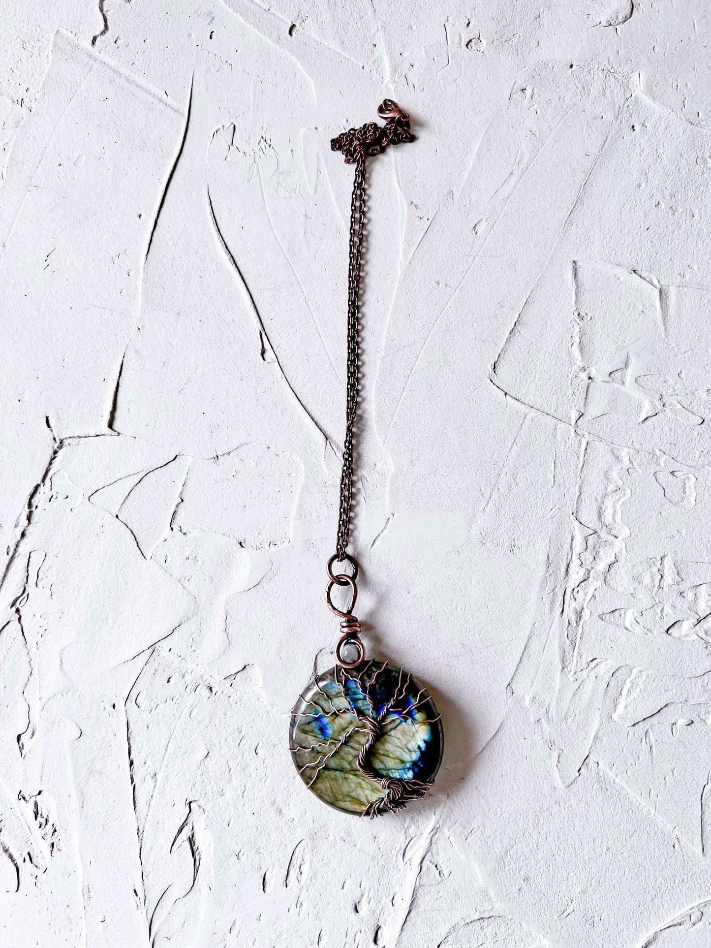 Labradorite and Peach Moonstone Tree of Life Copper Necklace - Copper Jewels