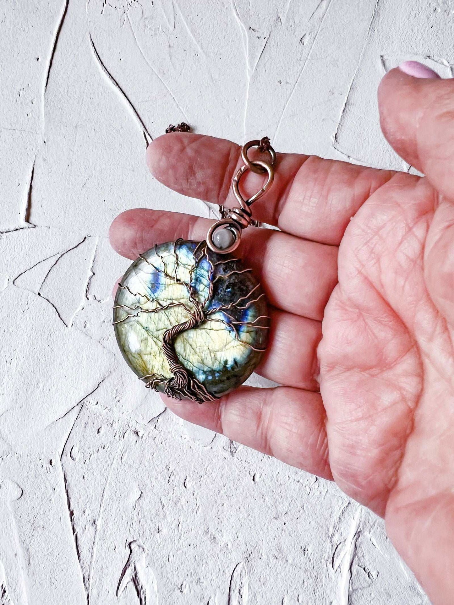 Labradorite and Peach Moonstone Tree of Life Copper Necklace - Copper Jewels