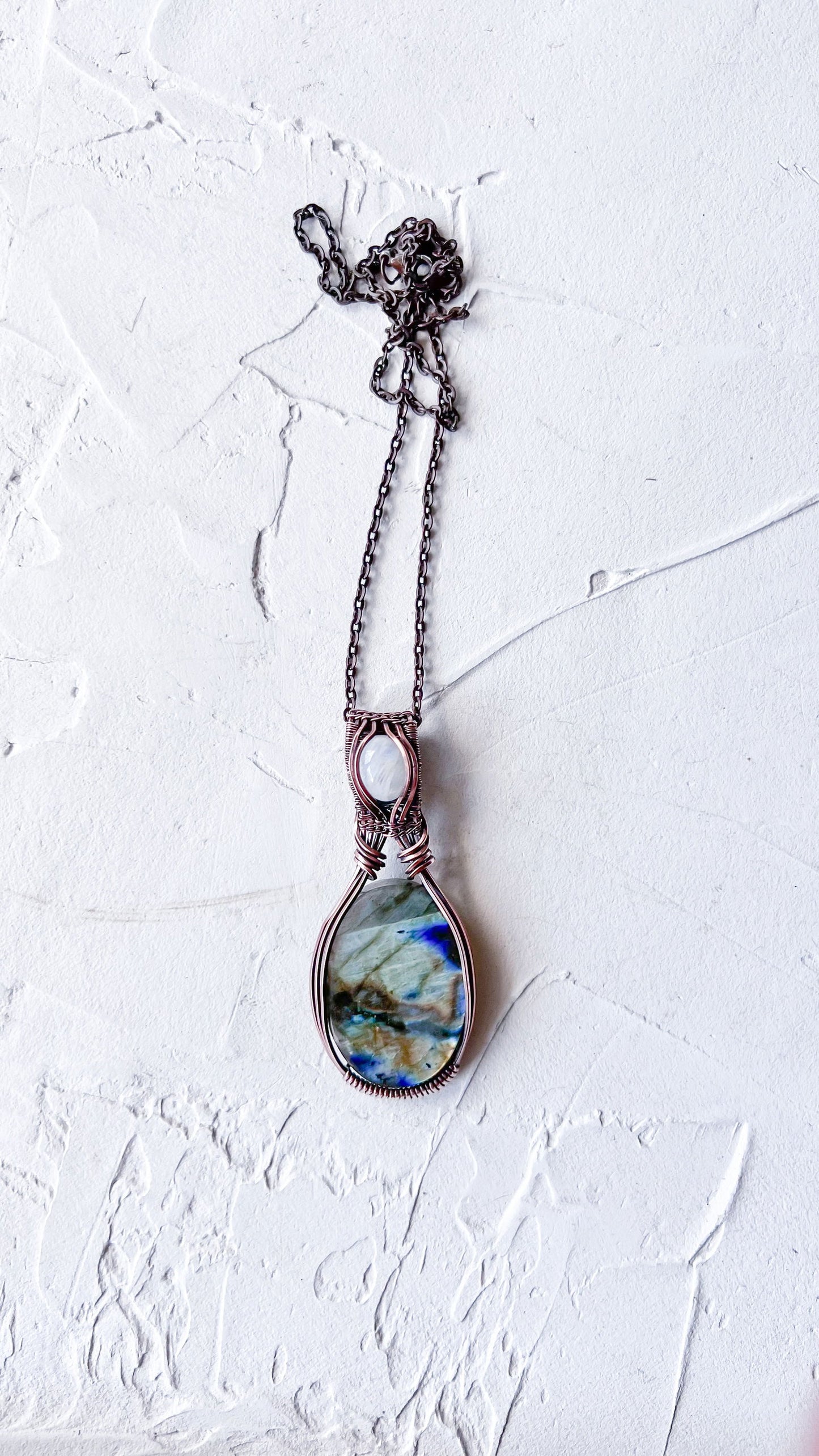 Large Labradorite and Rainbow Moonstone Copper Wire Pendant - Copper Jewels