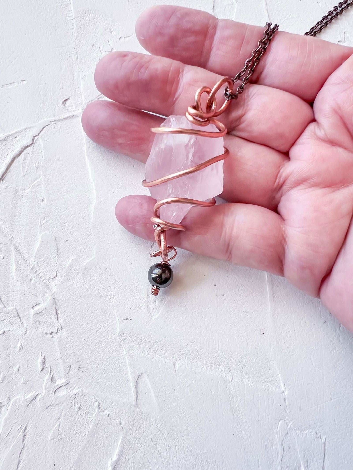 Raw Rose Quarts and Hematite Copper Pendant - Copper Jewels