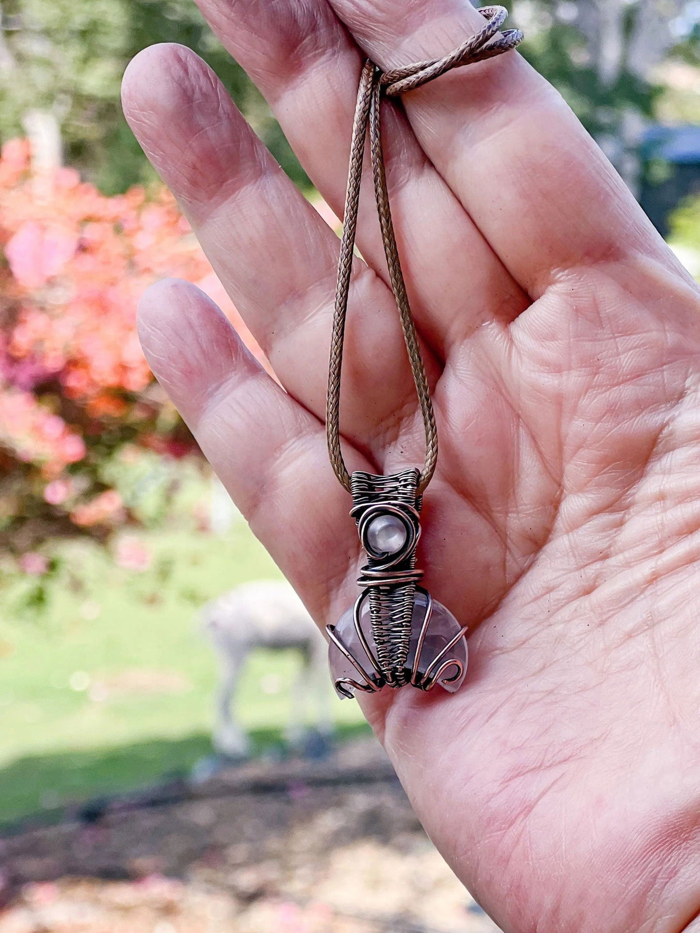 Rose Quartz and Copper Moon Amulet Pendant - Copper Jewels