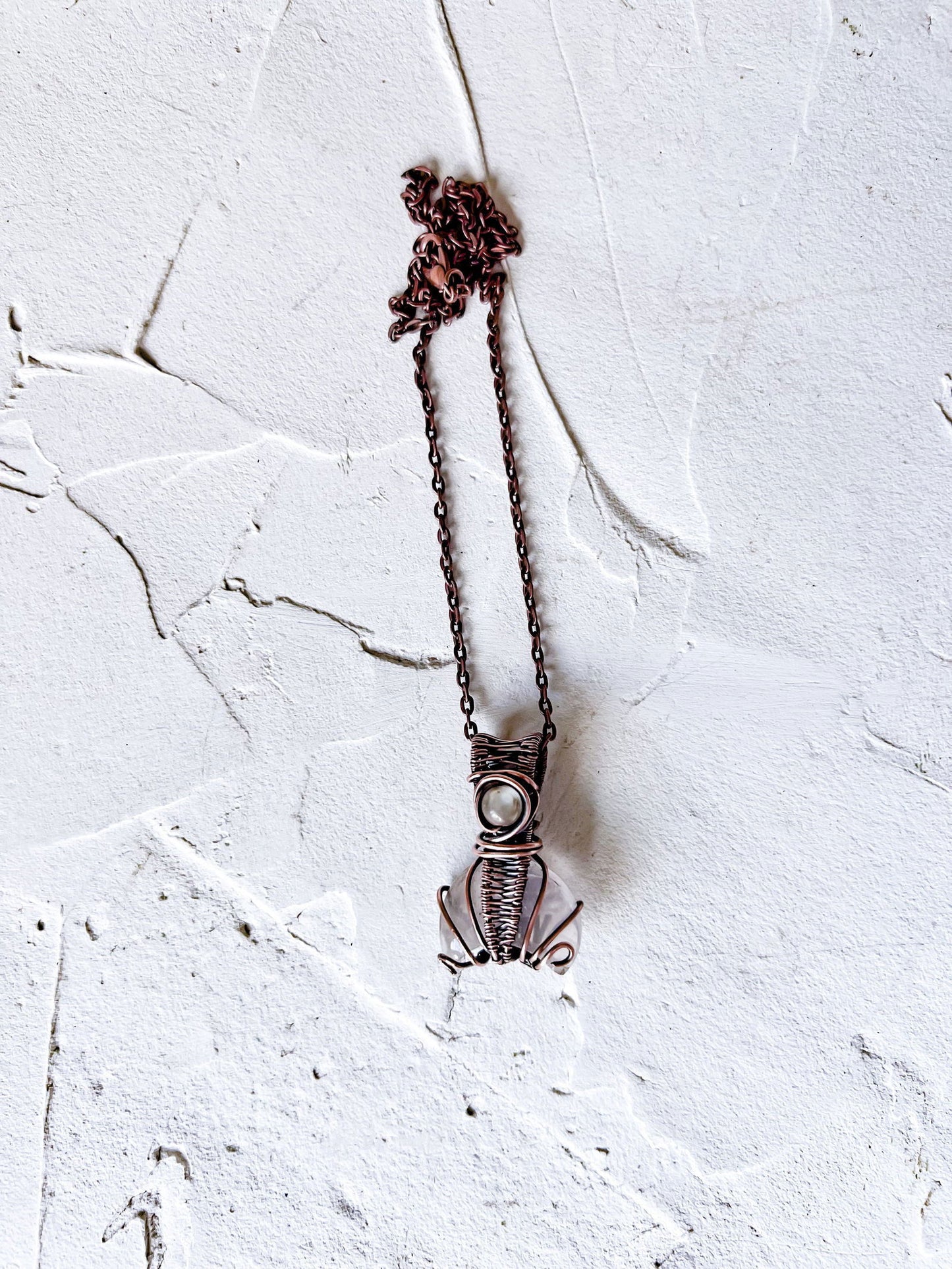 Rose Quartz and Copper Moon Amulet Pendant - Copper Jewels