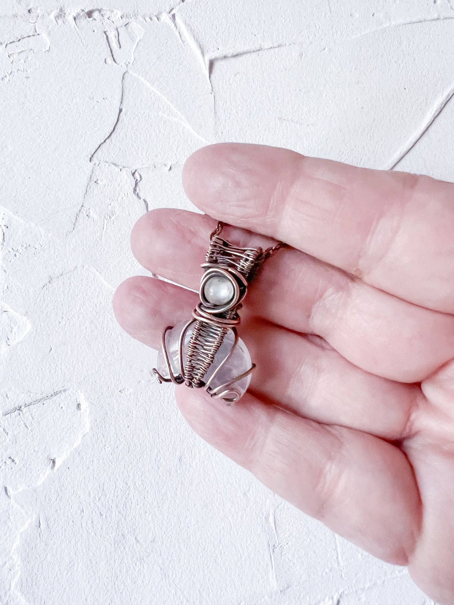 Rose Quartz and Copper Moon Amulet Pendant - Copper Jewels