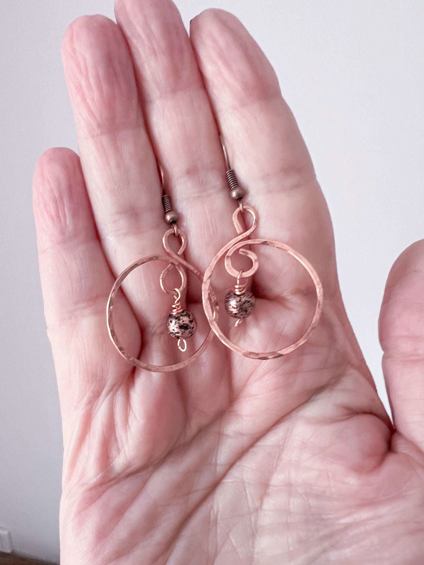Round Copper Earrings with Copper Bead - Copper Jewels