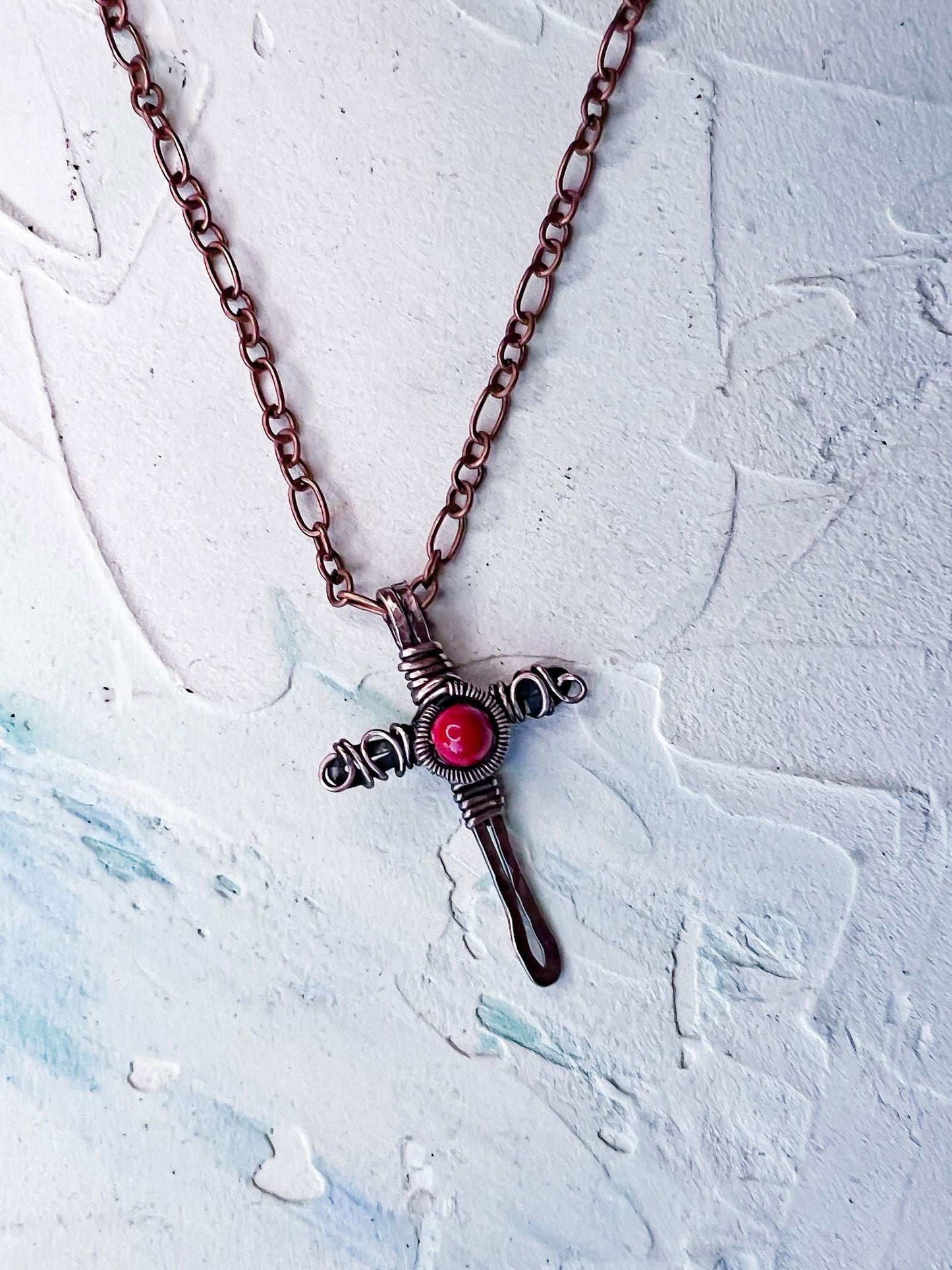 Rustic Copper Cross with Jade Bead - Copper Jewels
