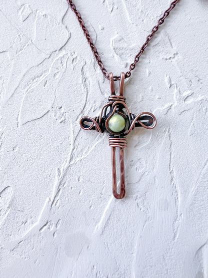 Rustic Copper Cross with Jade Bead