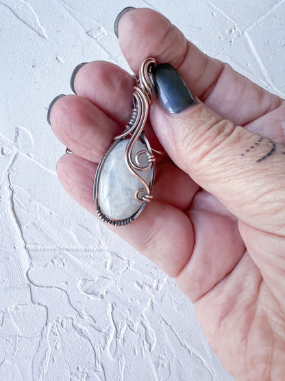 Sophisticated Rainbow Moonstone and Copper Wire Pendant