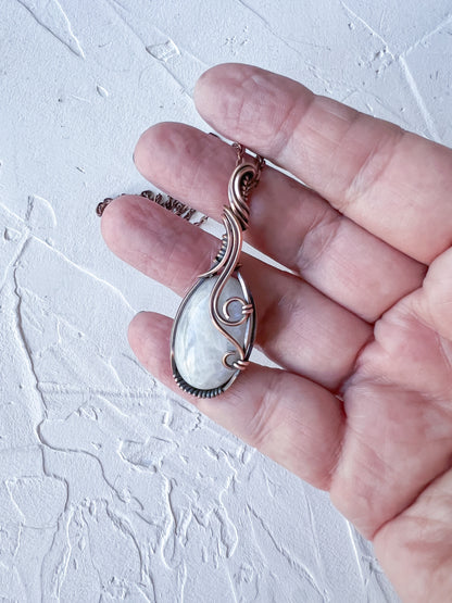 Sophisticated Rainbow Moonstone and Copper Wire Pendant