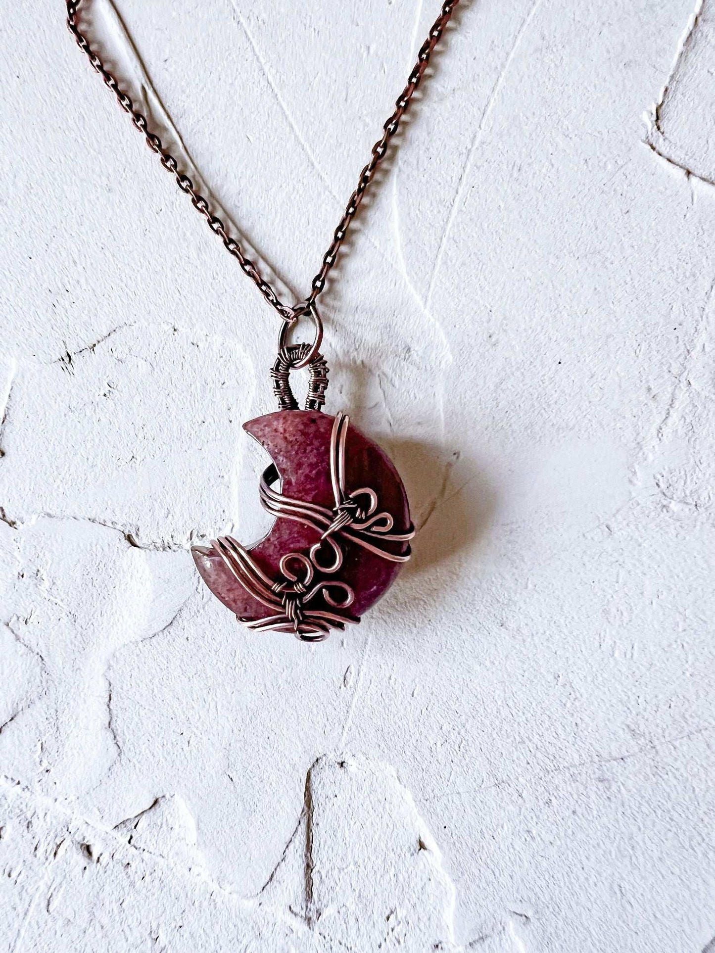 Strawberry Quartz and Copper Moon Boho Pendant - Copper Jewels