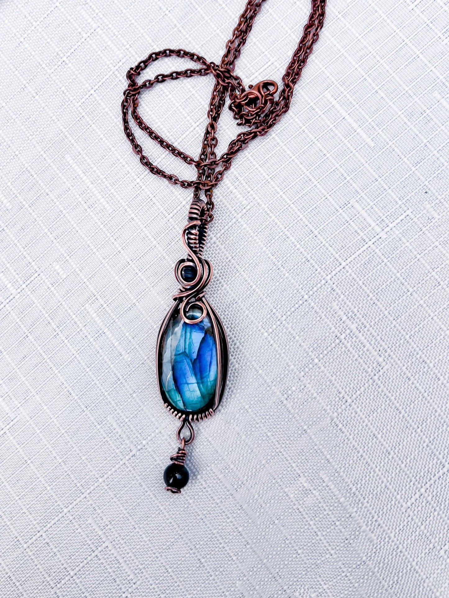 Stunning Blue Witchy Labradorite Pendant with Black Tourmaline Dangle - Copper Jewels