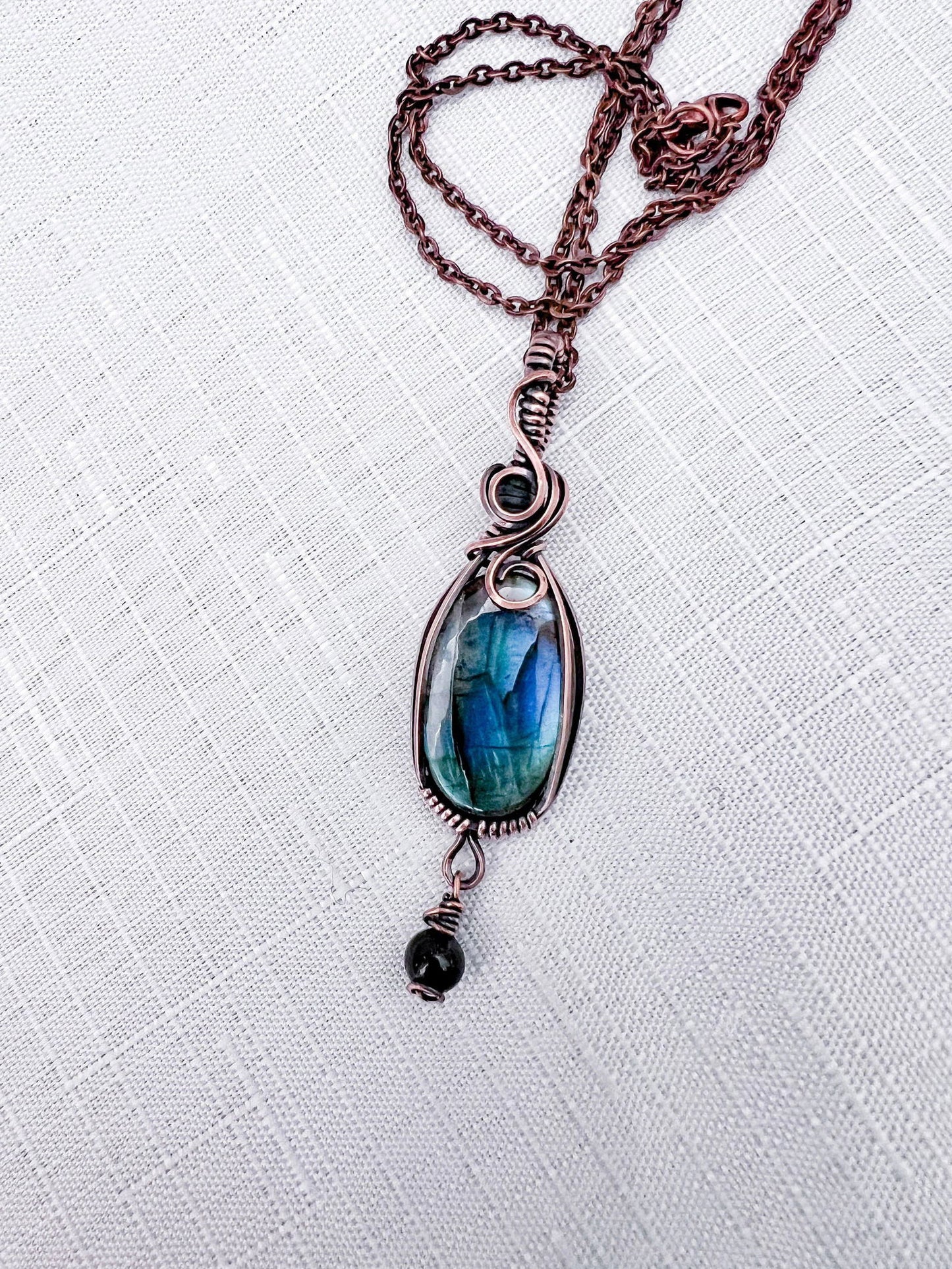Stunning Blue Witchy Labradorite Pendant with Black Tourmaline Dangle - Copper Jewels