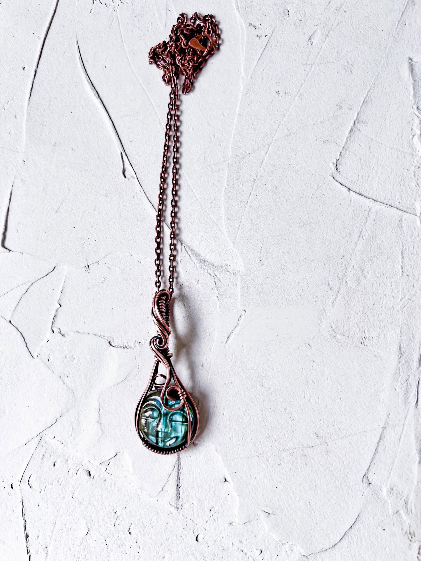 Stunning Labradorite Carved Moon Face Copper Pendant - Copper Jewels