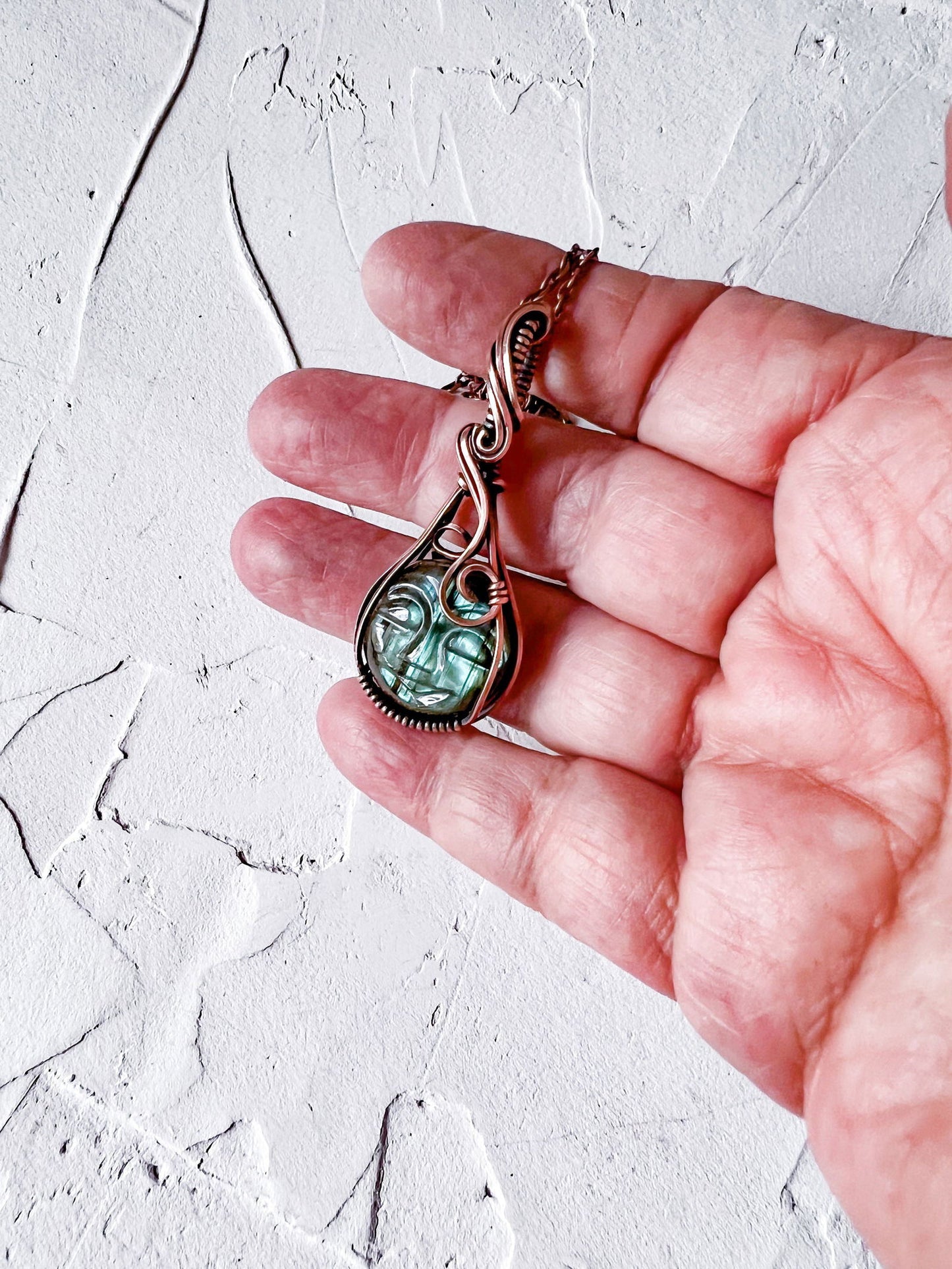 Stunning Labradorite Carved Moon Face Copper Pendant - Copper Jewels