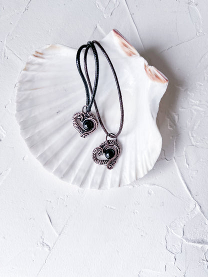 Woven Heart with Black Tourmaline Bead Pendant Hand Made