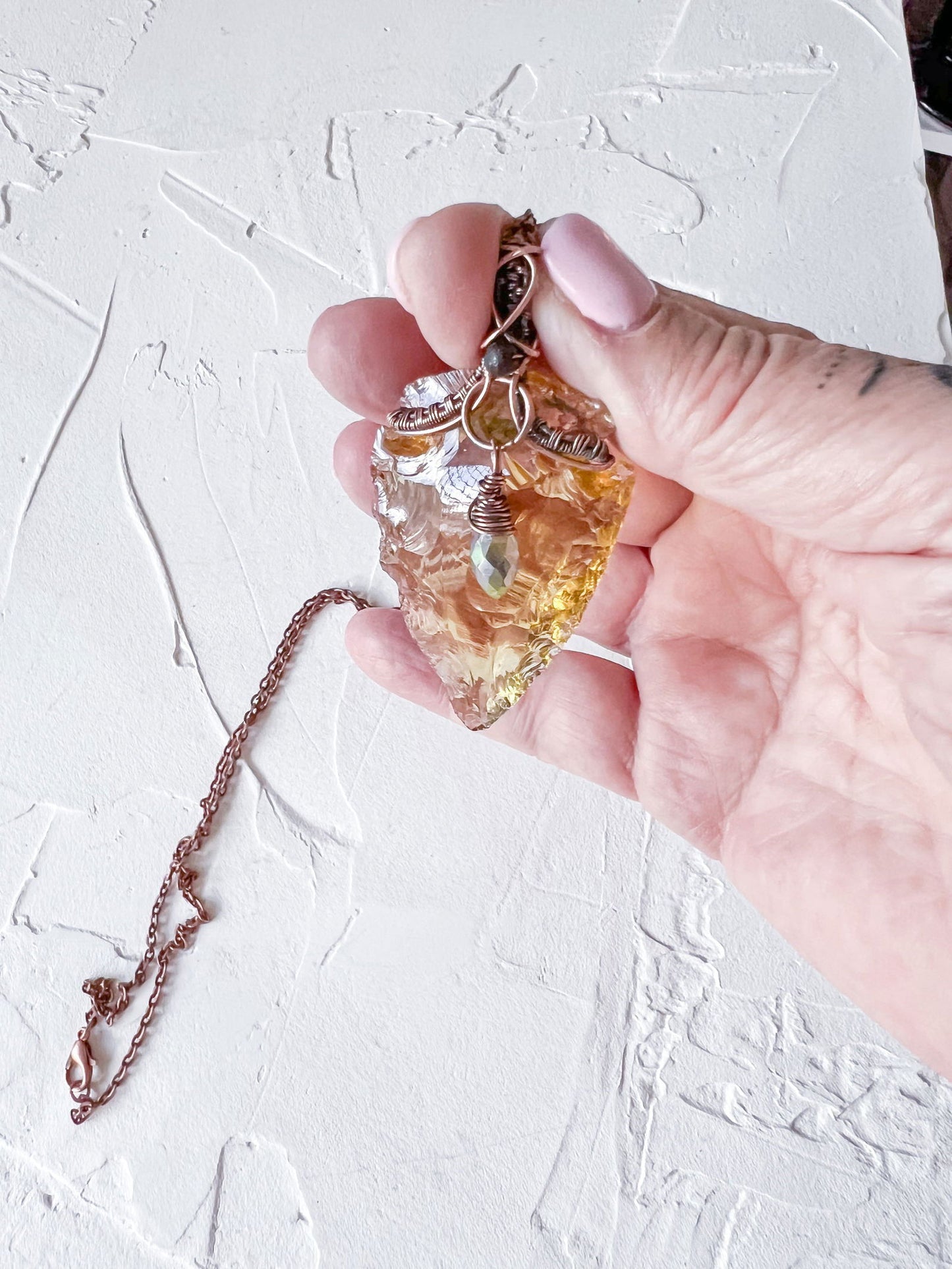 Yellow Citrine Arrowhead Pendant with Black Tourmaline Accent Bead - Copper Jewels