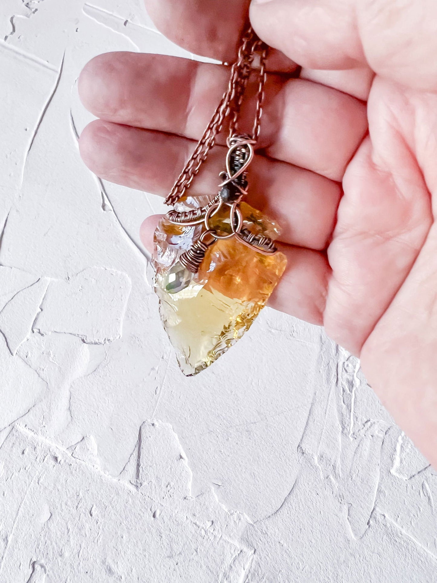 Yellow Citrine Arrowhead Pendant with Black Tourmaline Accent Bead - Copper Jewels