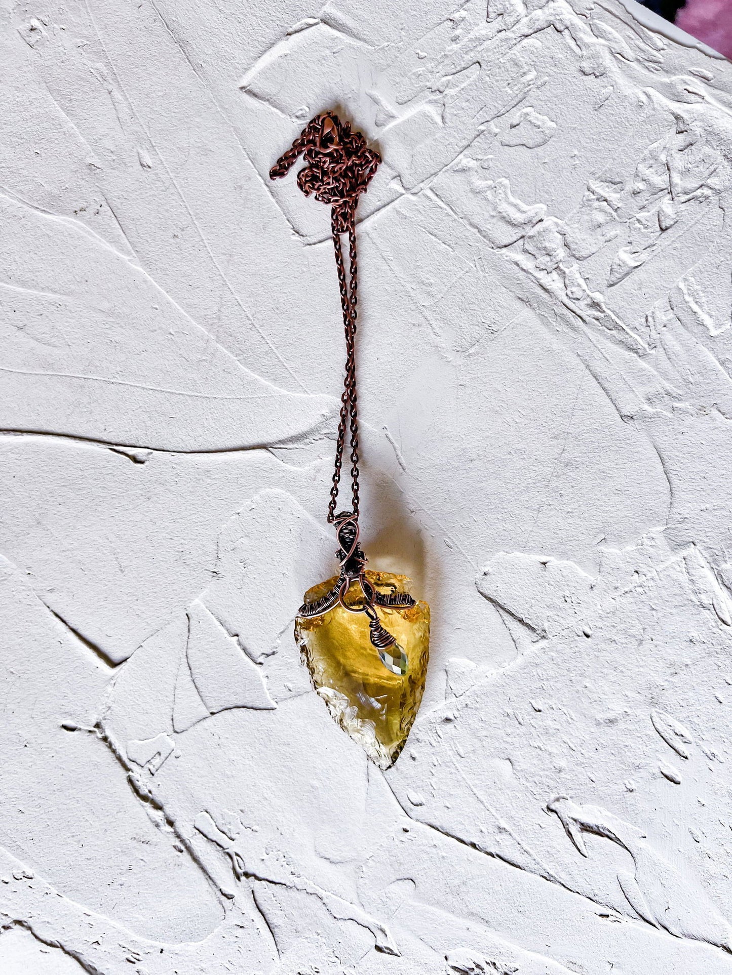 Yellow Citrine Arrowhead Pendant with Black Tourmaline Accent Bead - Copper Jewels