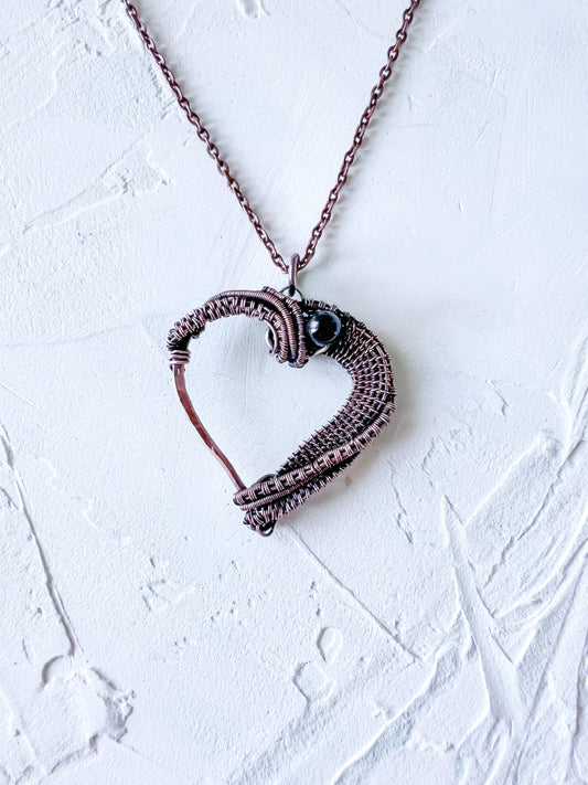 Copper Wire Woven Heart with Black Tourmaline Pendant Hand Made