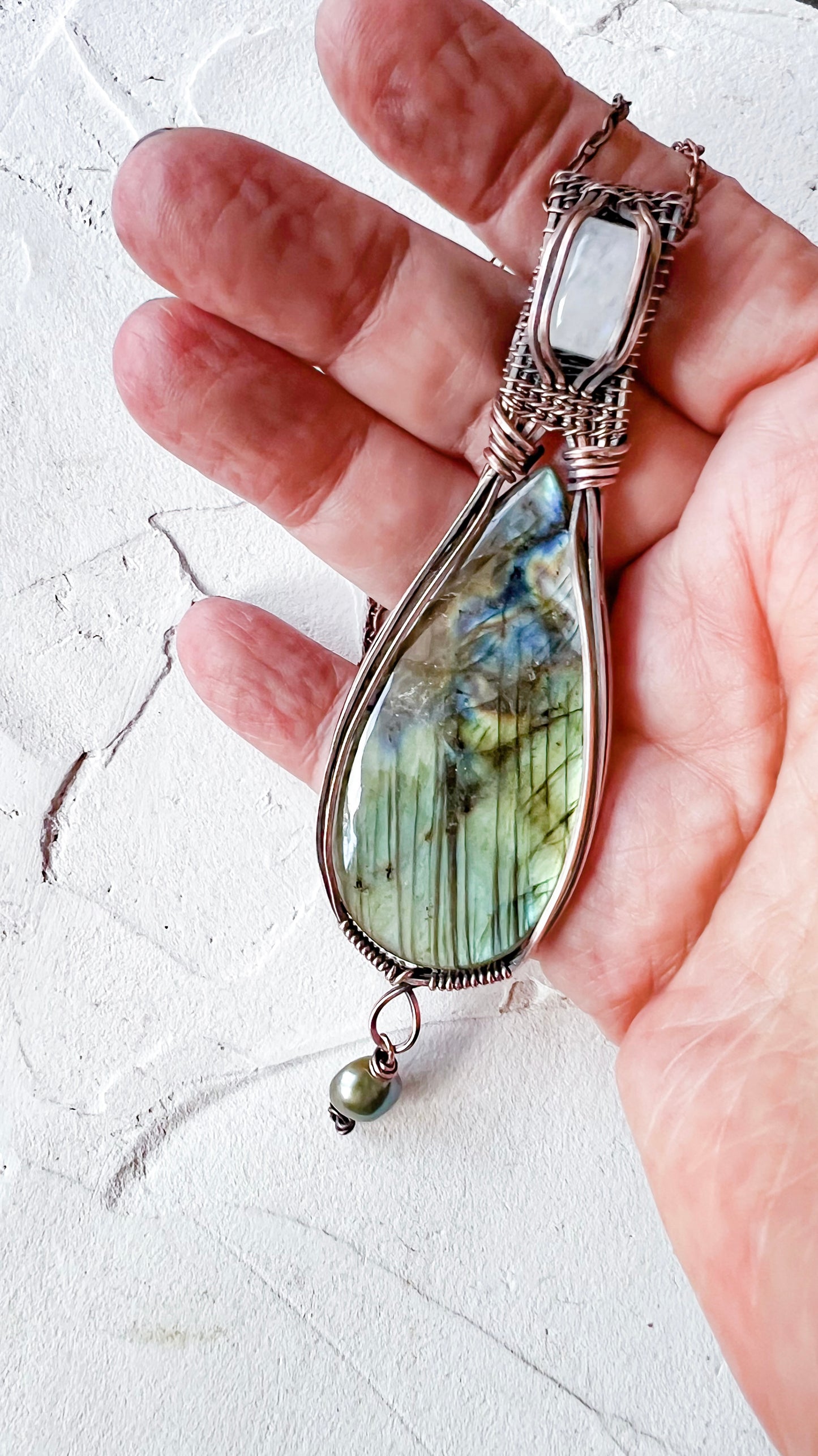 Labradorite, Moonstone and Green Pearl Copper Wire Pendant