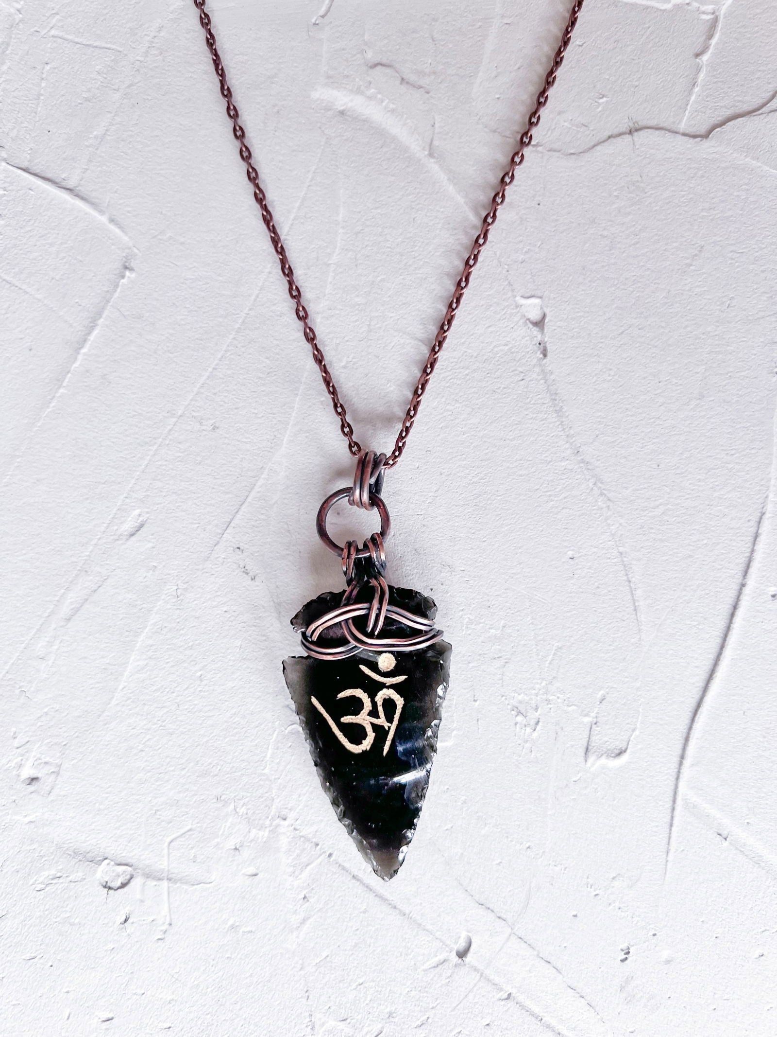 Black Obsidian Arrowhead with Celtic Knot and Om Symbol - Copper Jewels