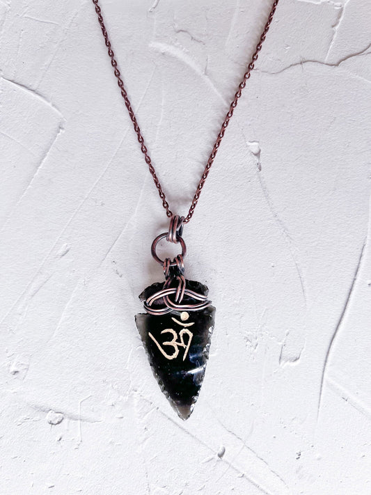 Black Obsidian Arrowhead with Celtic Knot and Om Symbol - Copper Jewels