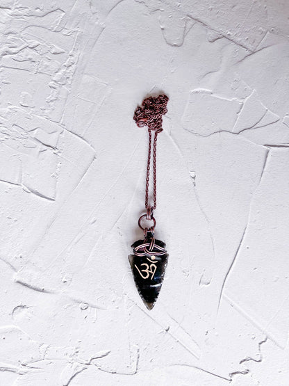 Black Obsidian Arrowhead with Celtic Knot and Om Symbol - Copper Jewels
