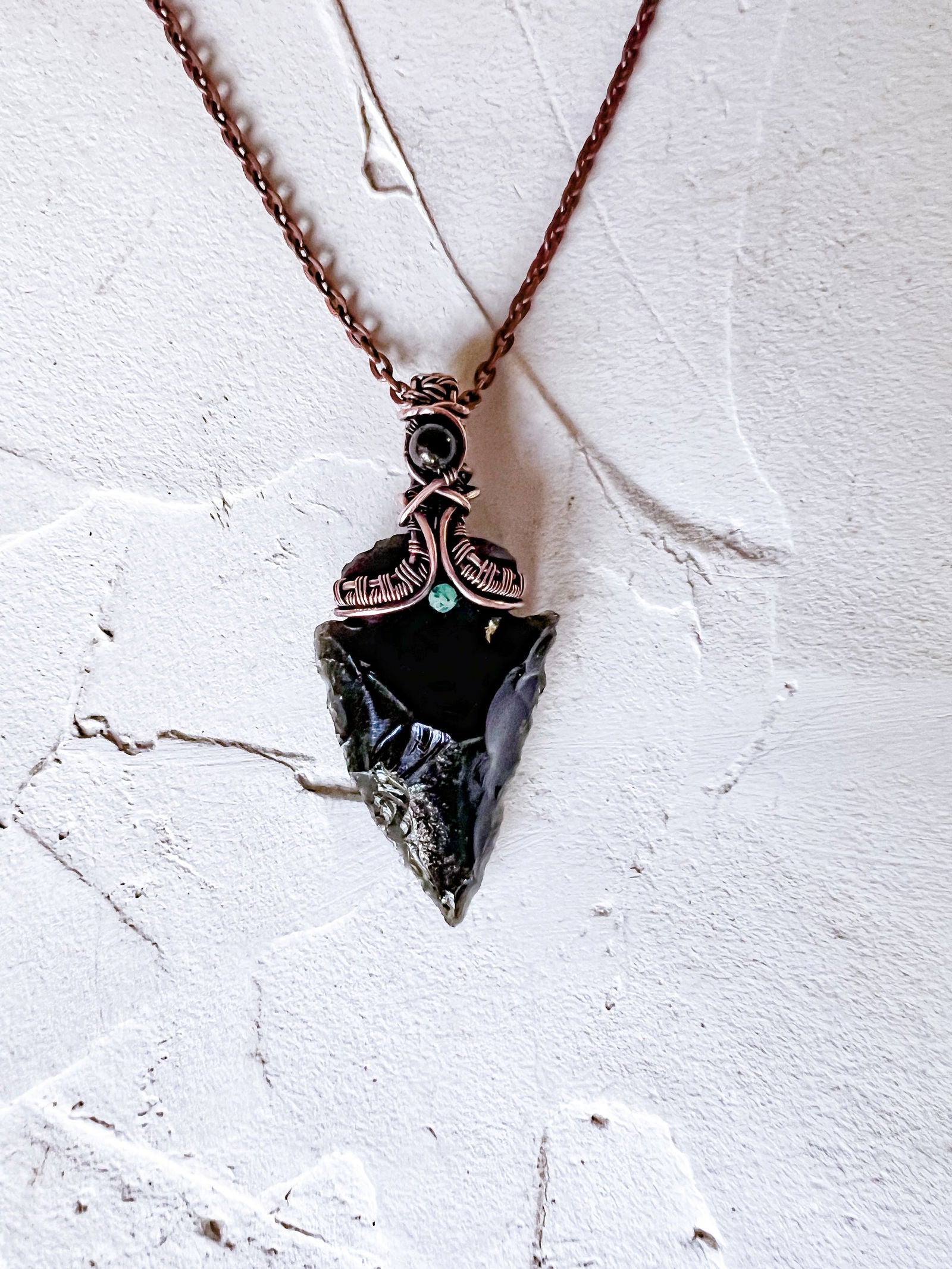 Black Obsidian Arrowhead with Emerald and Black Tourmaline Accents - Copper Jewels