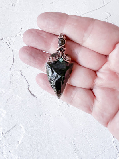 Black Obsidian Arrowhead with Emerald and Black Tourmaline Accents - Copper Jewels