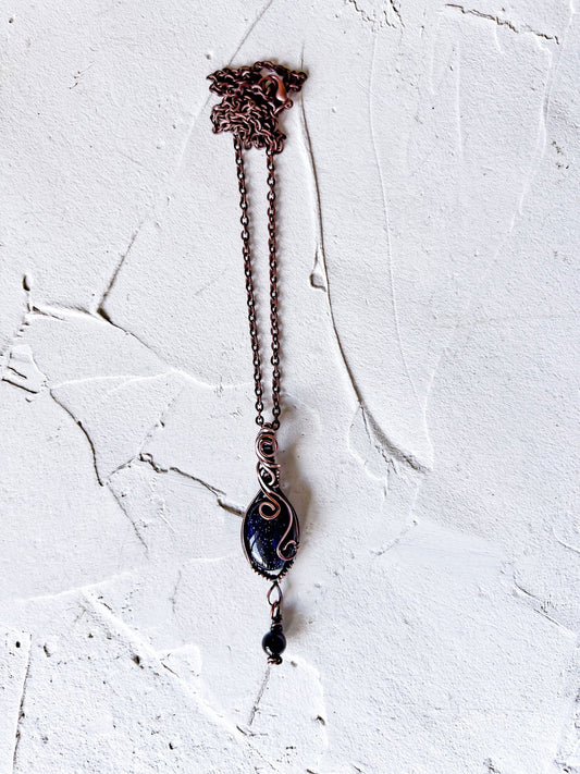Blue Goldstone and Black Tourmaline Copper Pendant - Copper Jewels