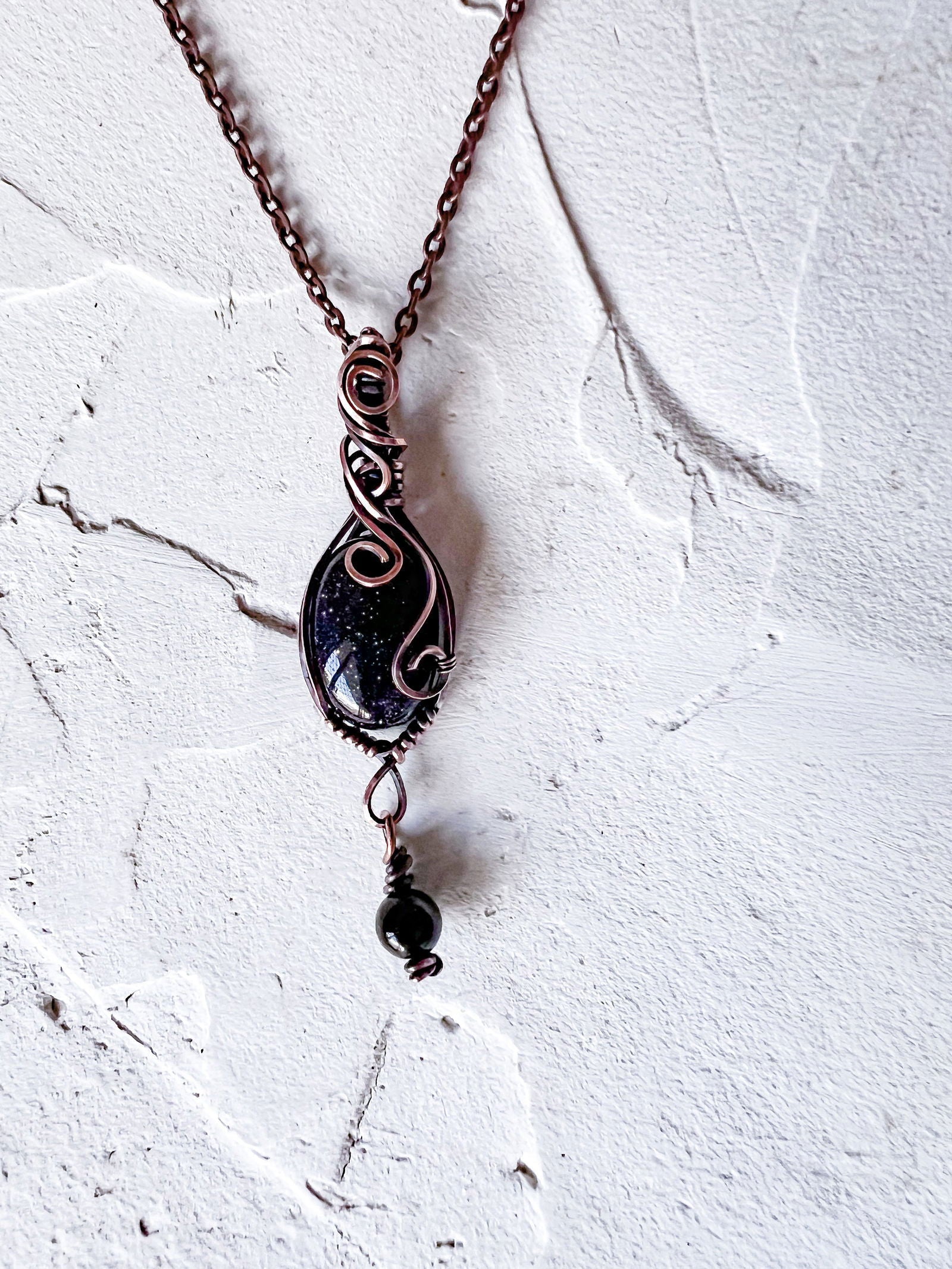 Blue Goldstone and Black Tourmaline Copper Pendant - Copper Jewels