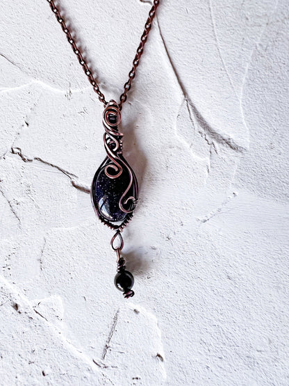 Blue Goldstone and Black Tourmaline Copper Pendant - Copper Jewels