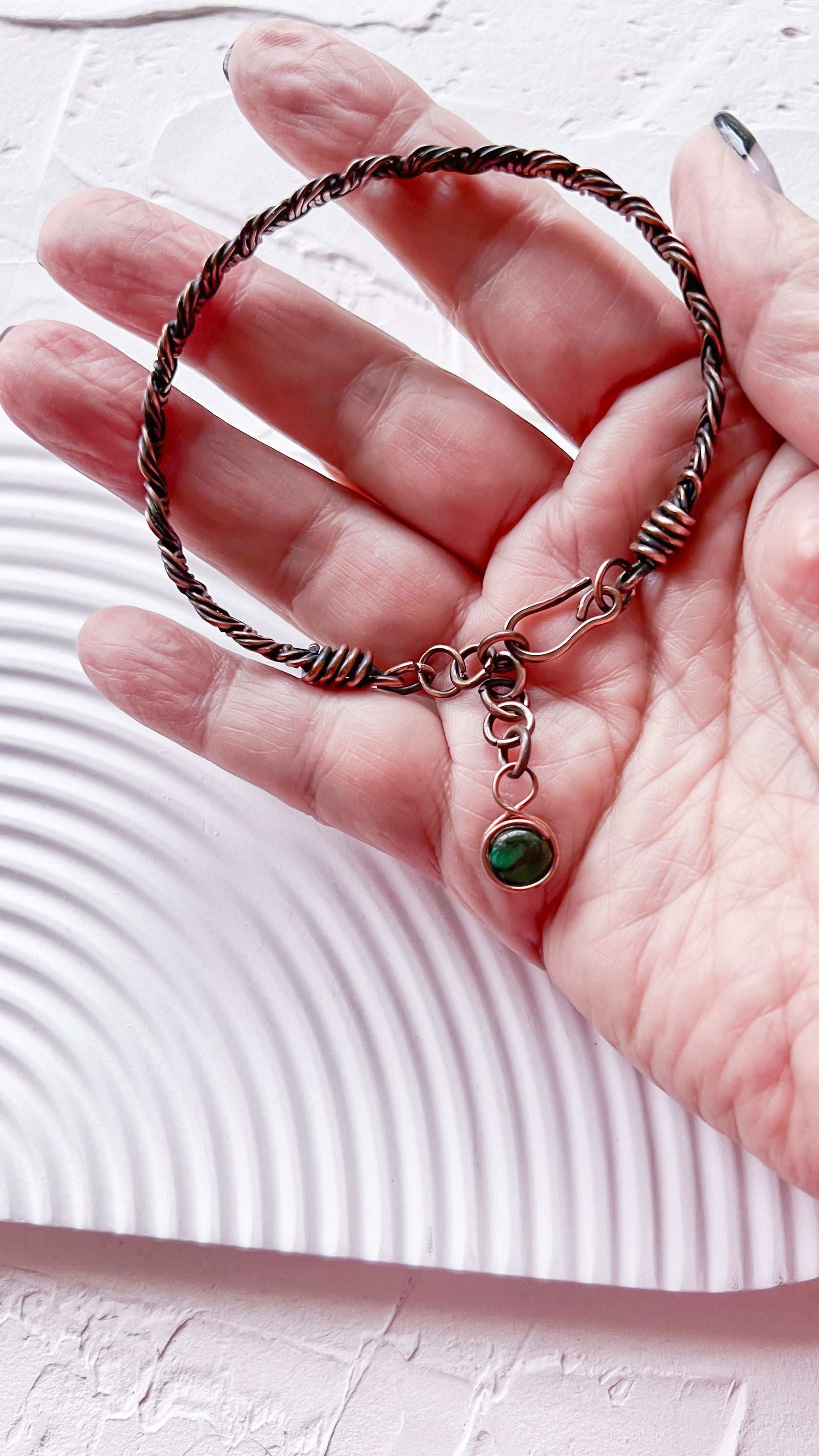 Braided Copper Bracelet with Australian Malachite droplet - Copper Jewels