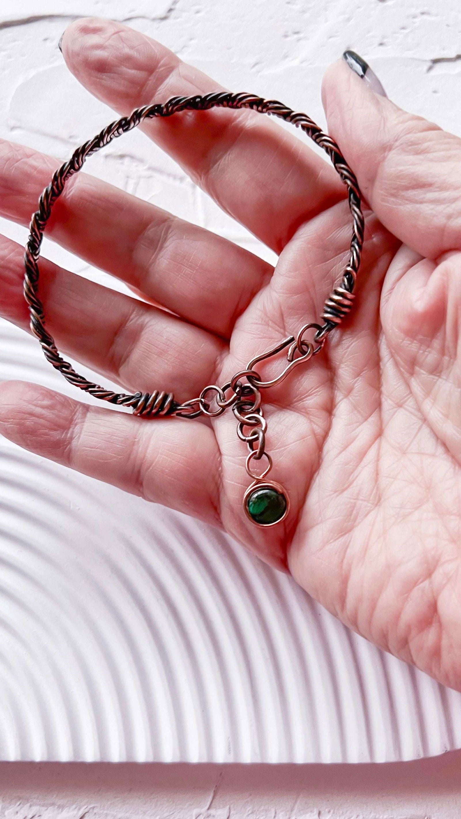 Braided Copper Bracelet with Australian Malachite droplet - Copper Jewels