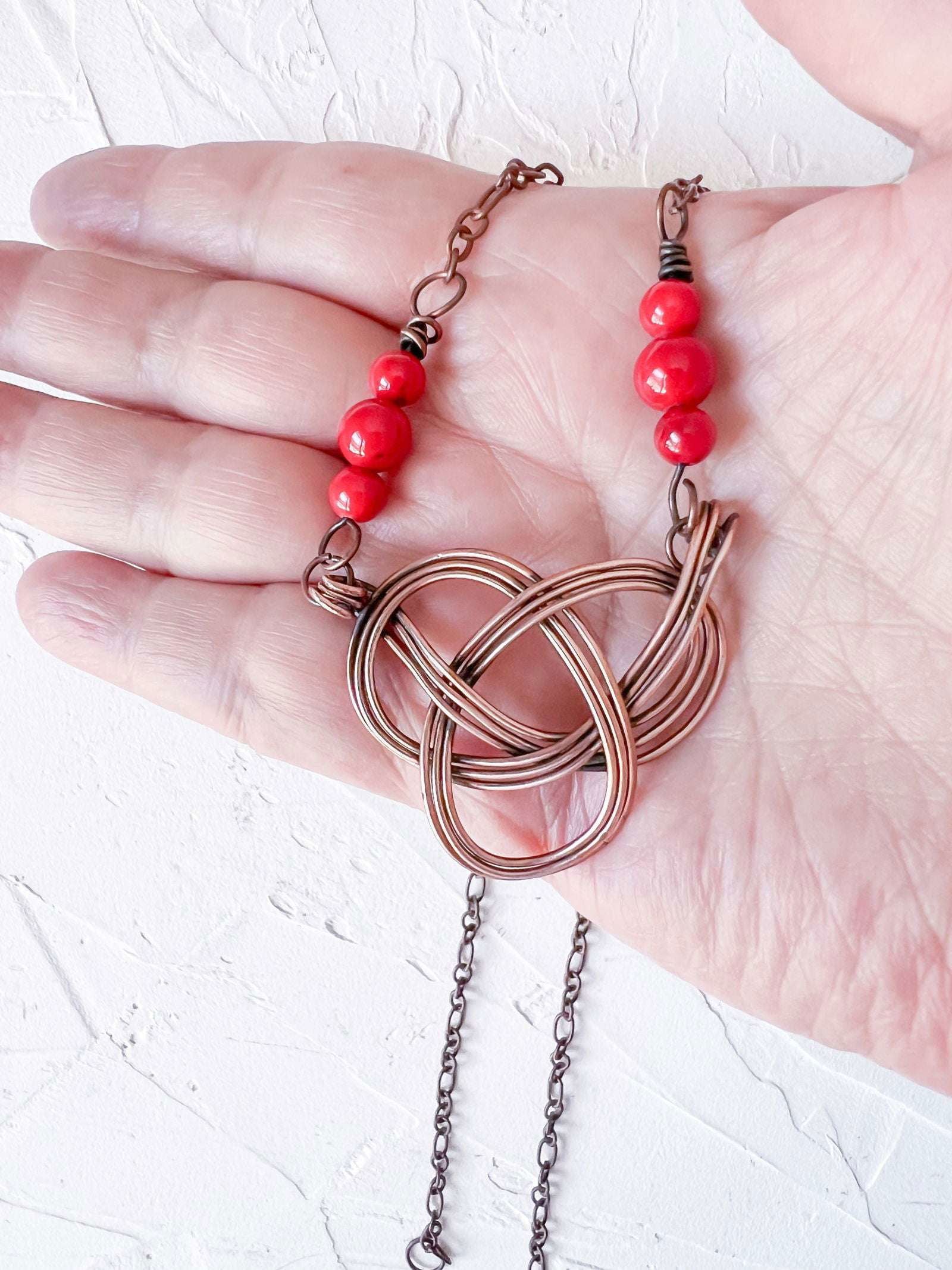 Celtic Knot in Copper with Red Jade Accent Beads - Copper Jewels