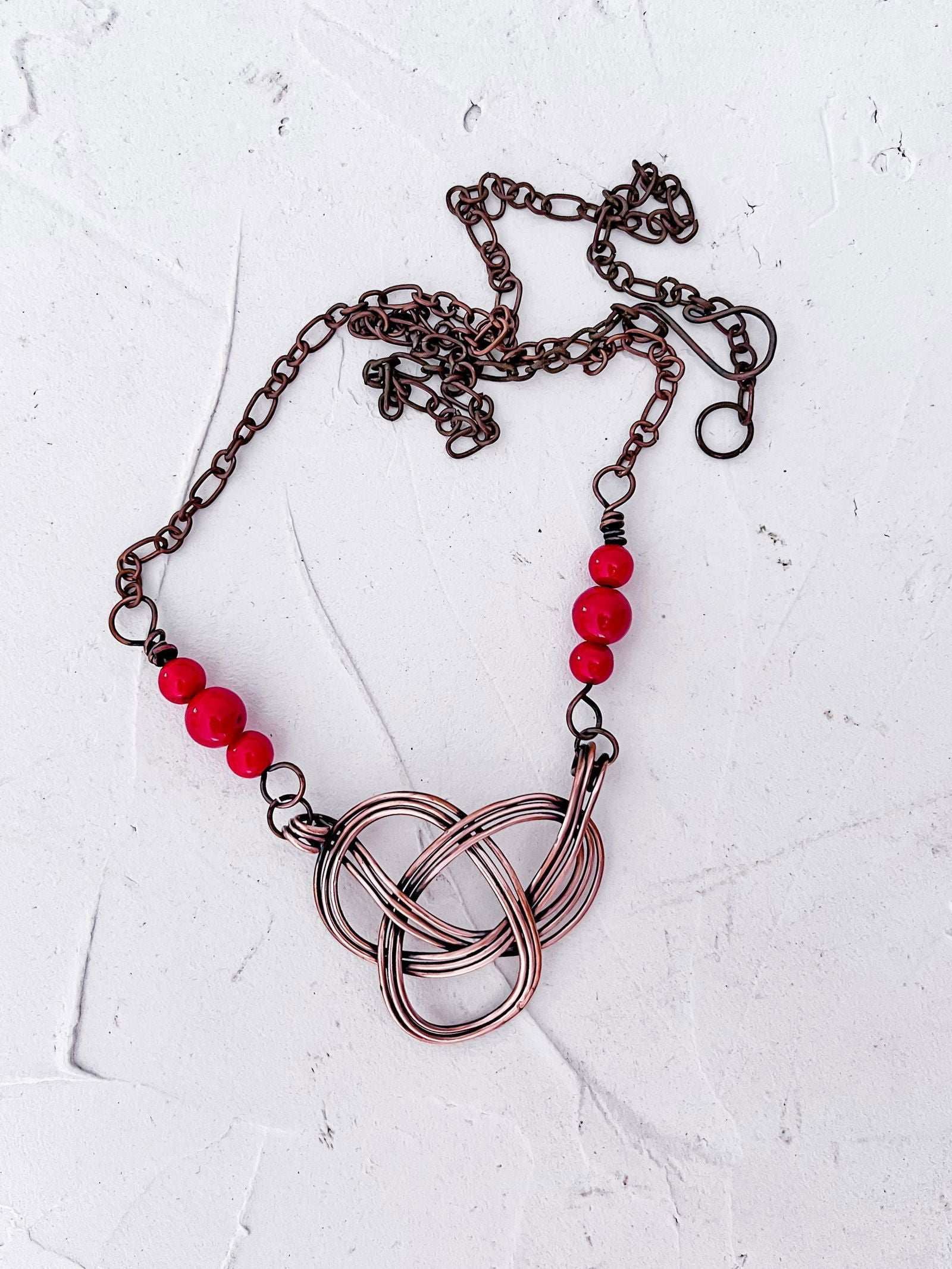Celtic Knot in Copper with Red Jade Accent Beads - Copper Jewels