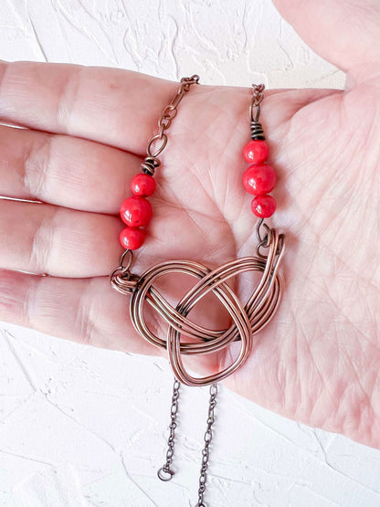 Celtic Knot in Copper with Red Jade Accent Beads - Copper Jewels