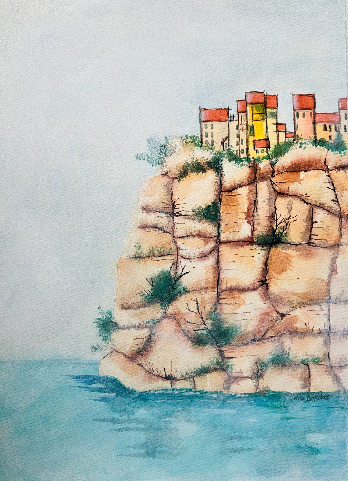 Clifftop Village | Original Watercolour Painting - Copper Jewels