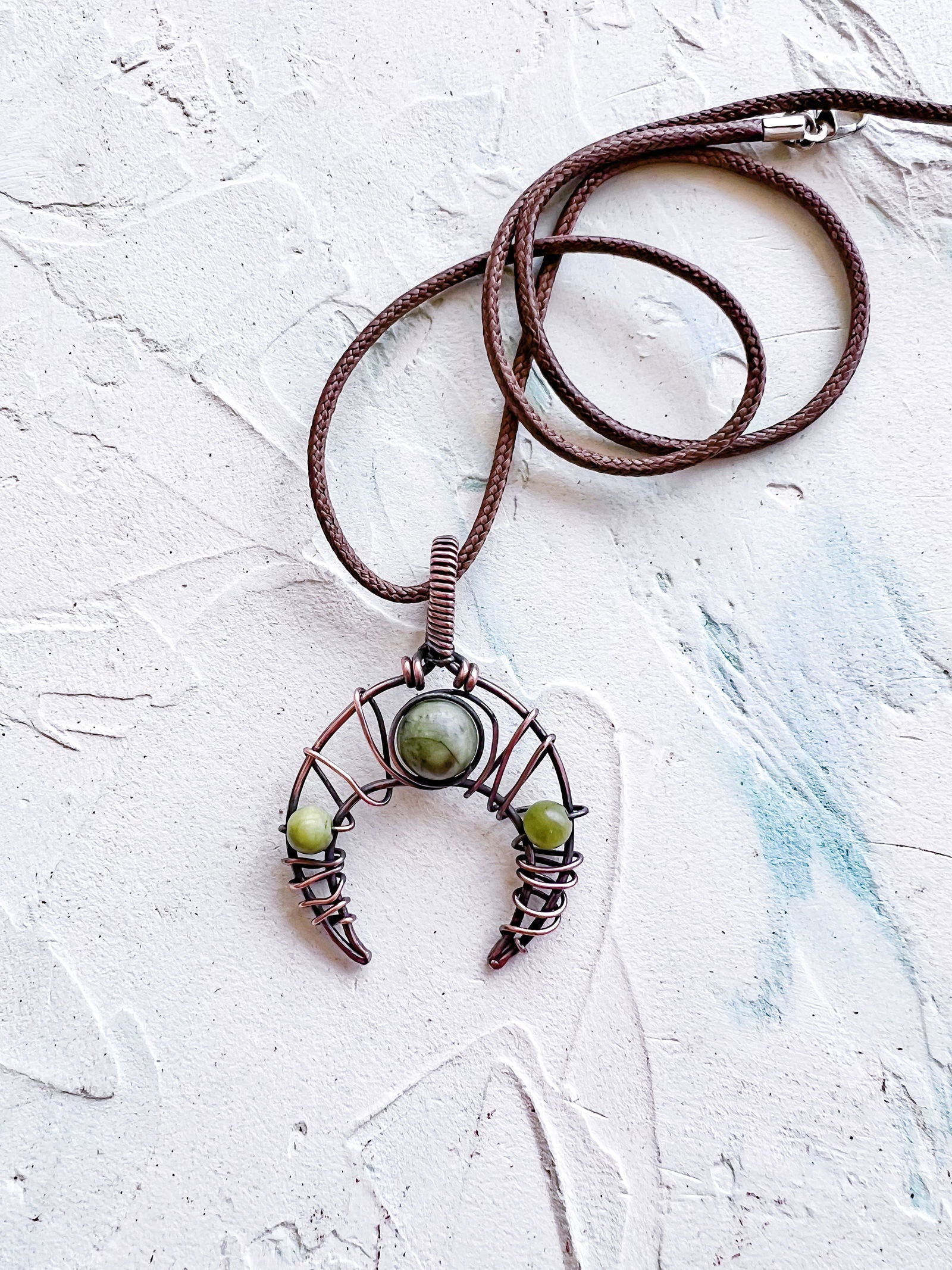 Connemara Marble Crescent Moon Rustic Boho Pendant - Copper Jewels