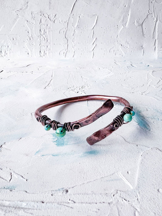 Copper Bangle with Jade Beads Adjustable - Copper Jewels