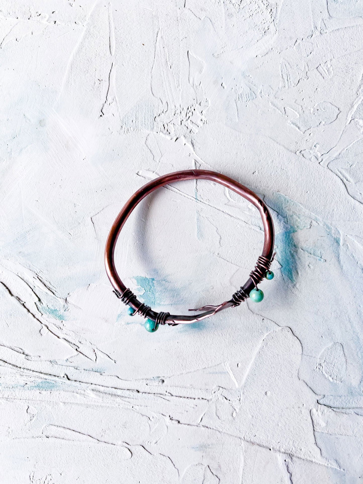 Copper Bangle with Jade Beads Adjustable - Copper Jewels