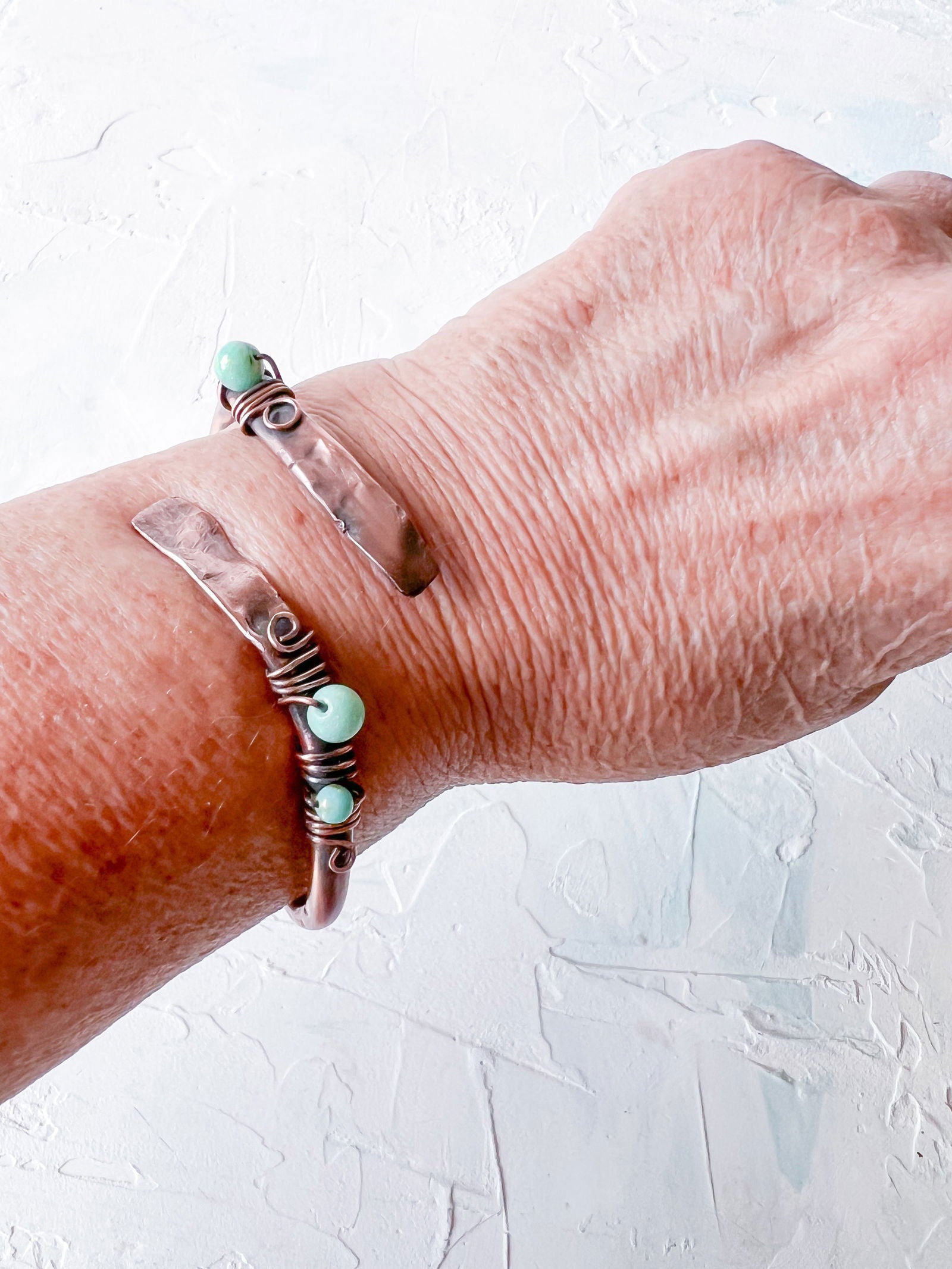 Copper Bangle with Jade Beads Adjustable - Copper Jewels