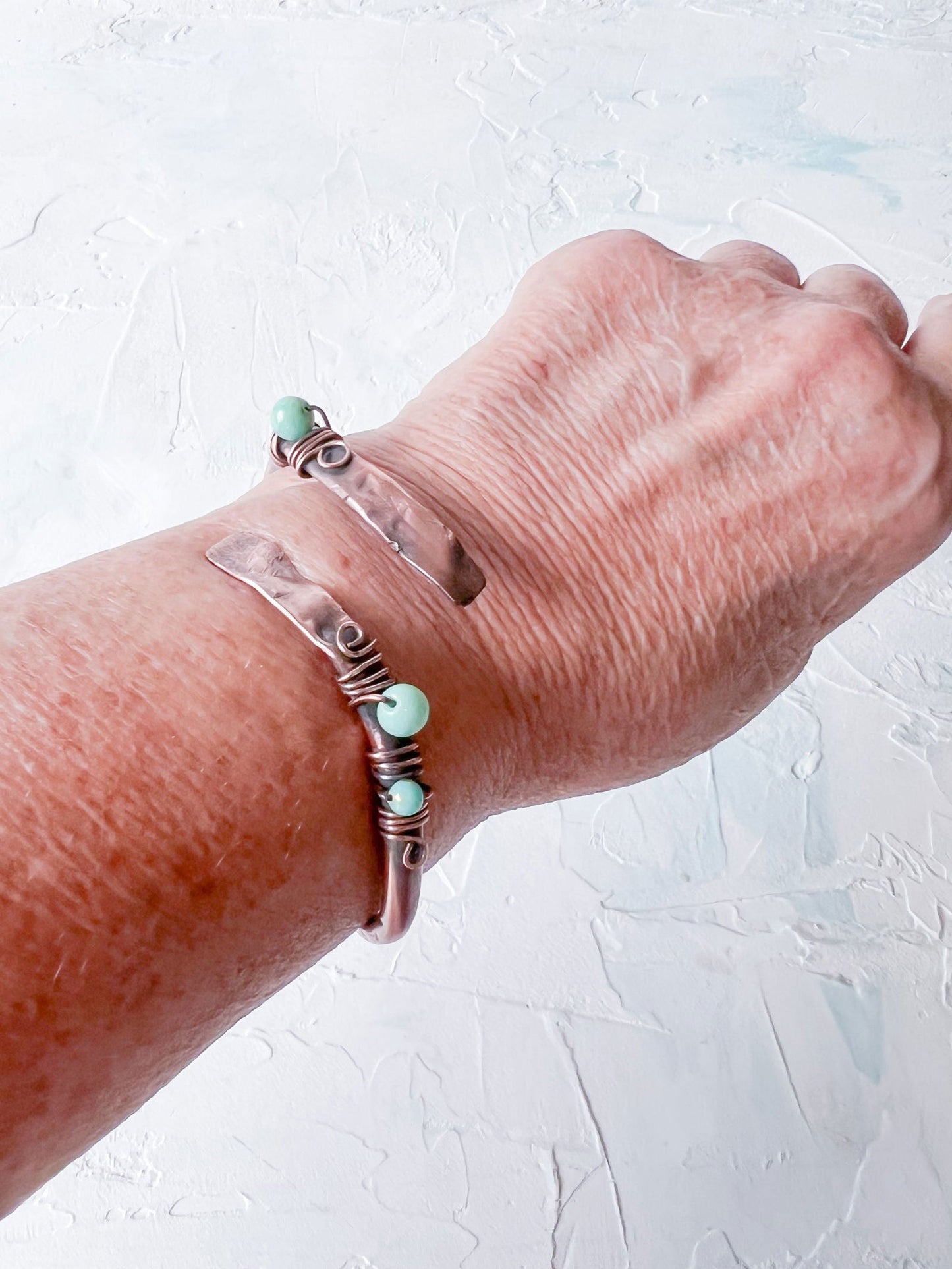 Copper Bangle with Jade Beads Adjustable - Copper Jewels