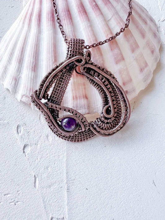 Copper Wire Woven Egyptian Style Pendant with Amethyst Bead - Copper Jewels