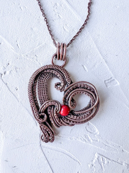 Copper Wire Woven Heart Pendant with Red Jade Bead - Copper Jewels