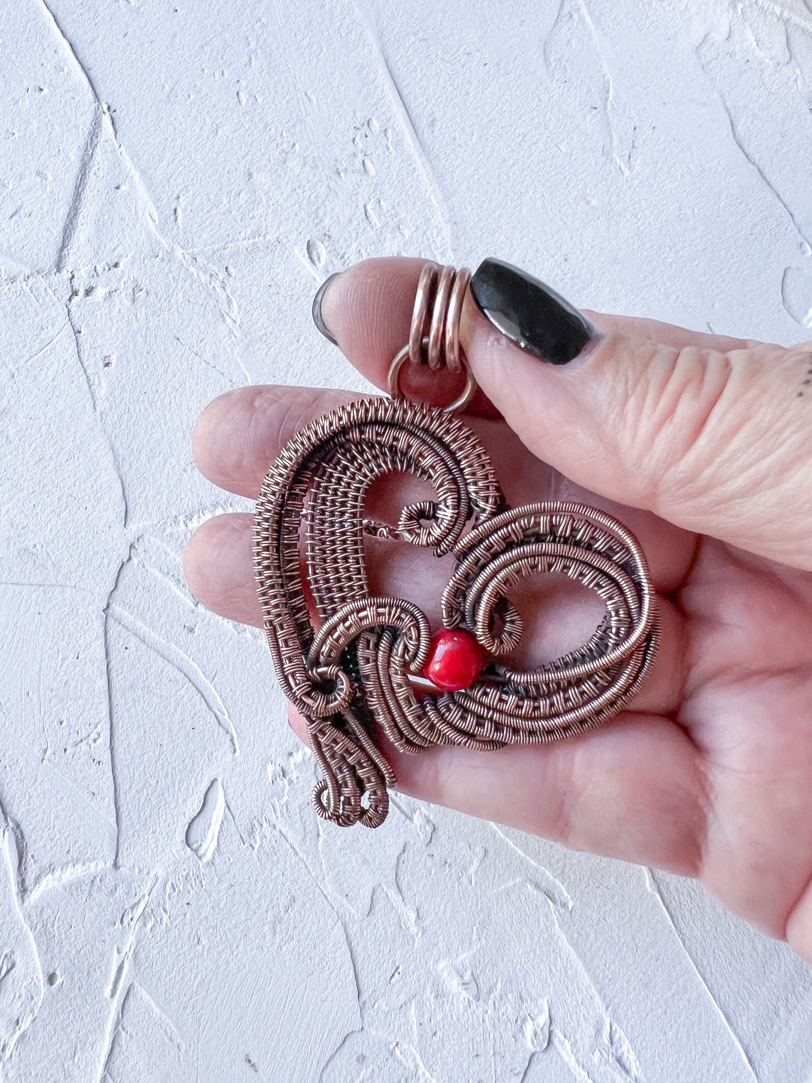 Copper Wire Woven Heart Pendant with Red Jade Bead - Copper Jewels