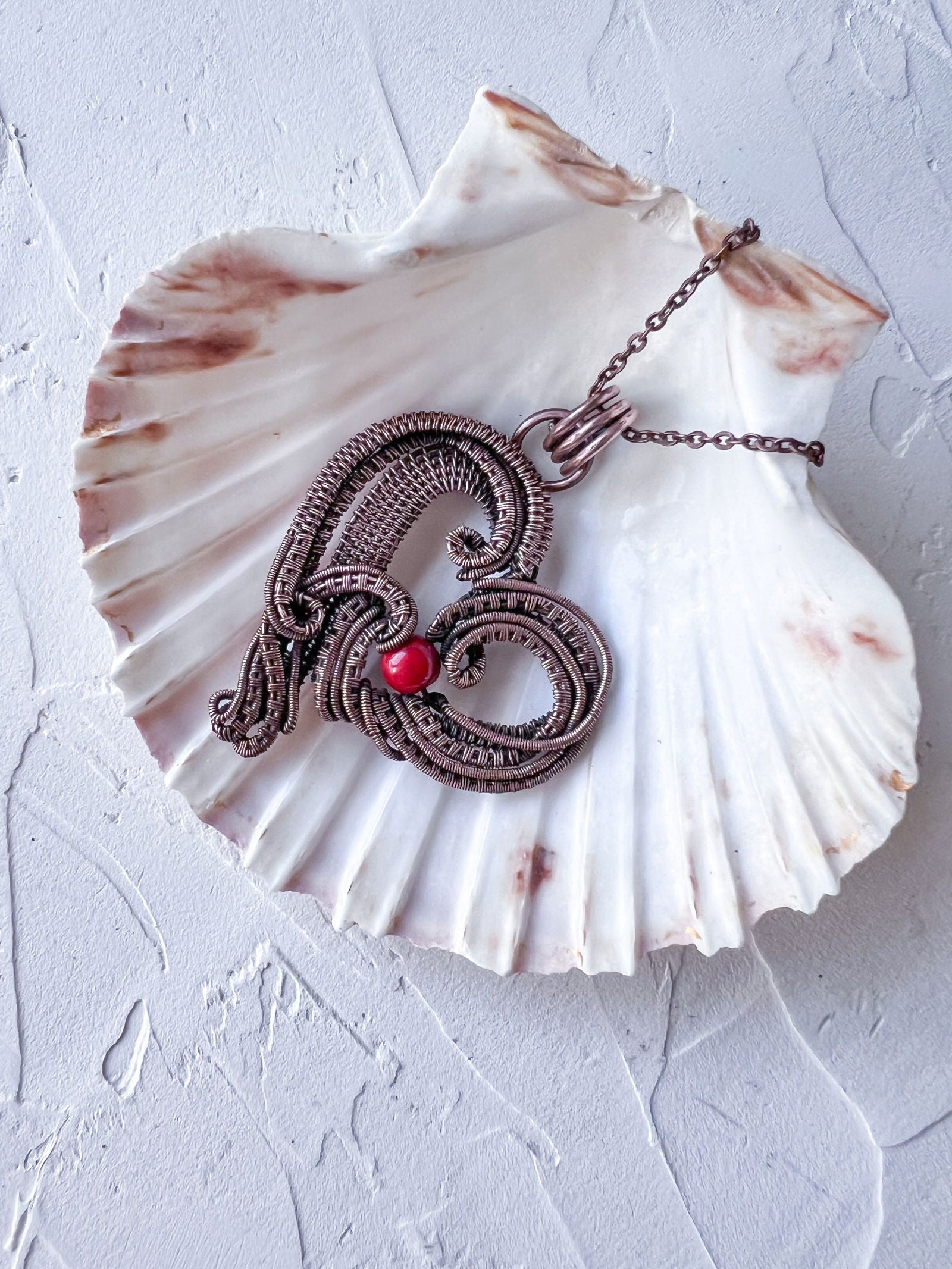 Copper Wire Woven Heart Pendant with Red Jade Bead - Copper Jewels