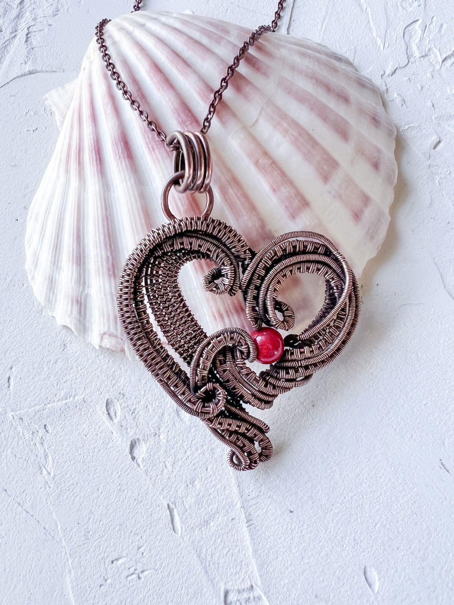 Copper Wire Woven Heart Pendant with Red Jade Bead - Copper Jewels